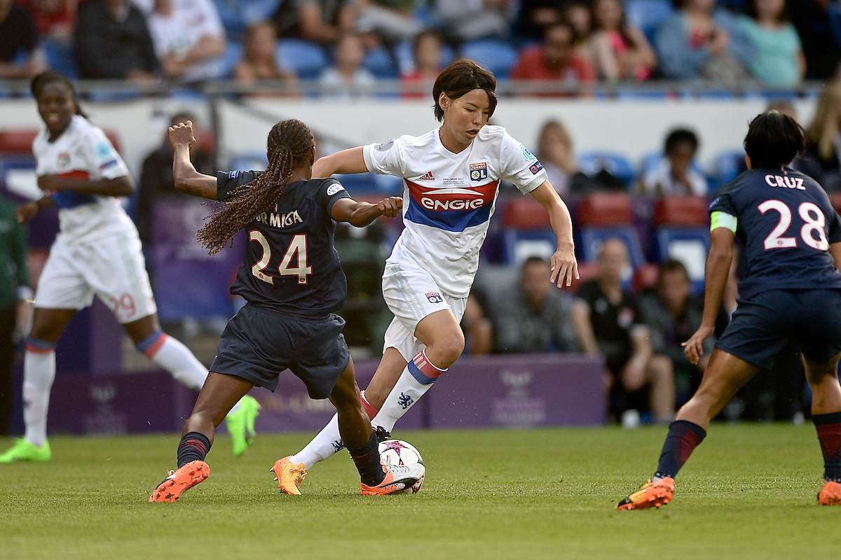Saki Kumagai of Olympique Lyonnais Féminin is tackled by Formiga of Paris Saint-Germain Féminines during the UEFA Women's Champions League Final at the Cardiff City Stadium, Cardiff Picture by Kristian Kane/Focus Images Ltd +44 7814 482222 01/06/2017