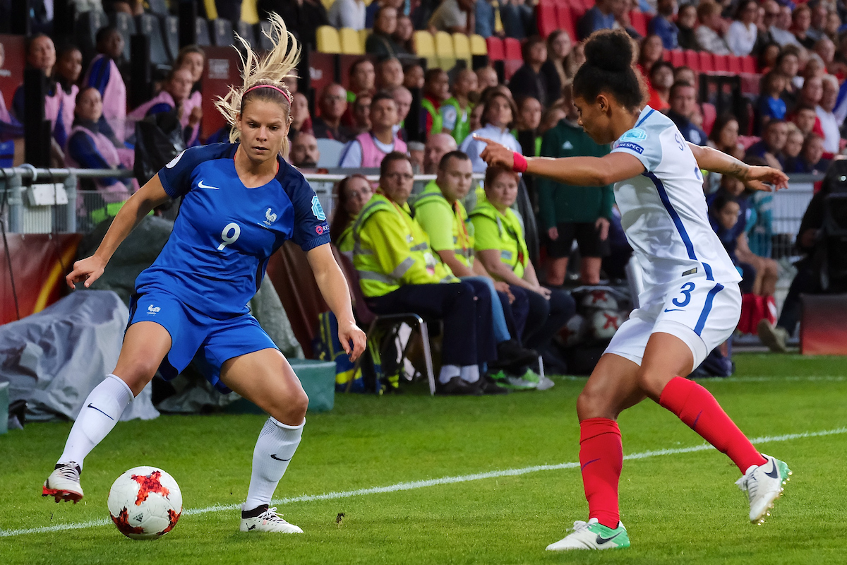 Eugénie Le Sommer of France (left) and Demi Stokes of England (right) during the UEFA Women's Euros 2017 quarter-final match at De Adelaarshorst, Deventer Picture by Kristian Kane/Focus Images Ltd +44 7814 482222 30/07/2017
