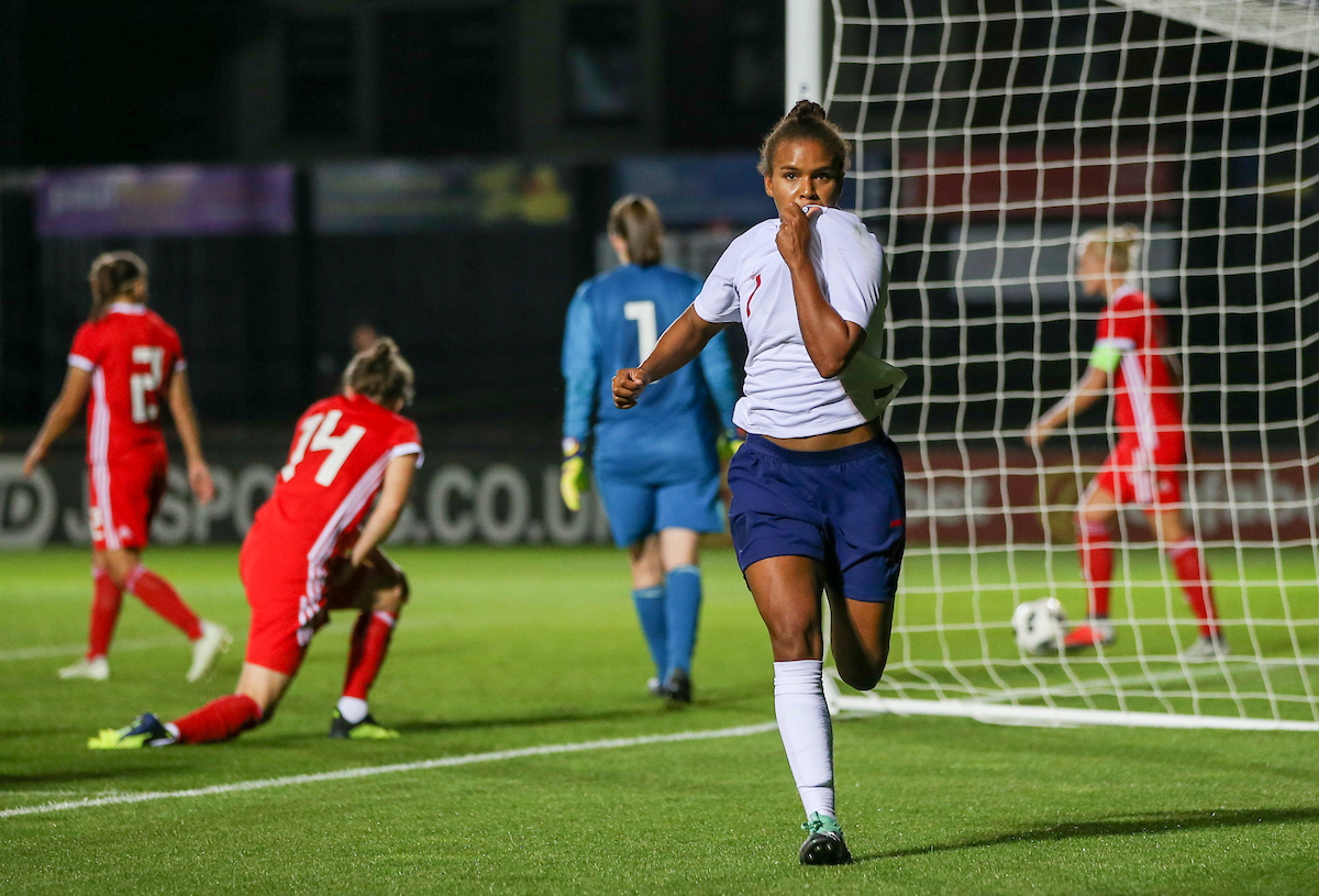 Nikita Parris of England Women celebrates the third goal during the FIFA Womens World Cup Qualifying match at Rodney Parade, Newport Picture by Mike Griffiths/Focus Images Ltd +44 7766 223933 31/08/2018