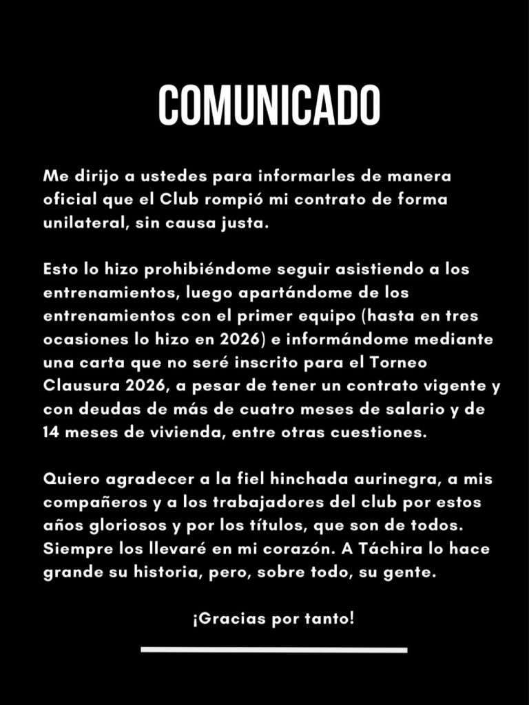 Leandro Fioravanti fija posici&oacute;n tras su salida del Deportivo T&aacute;chira